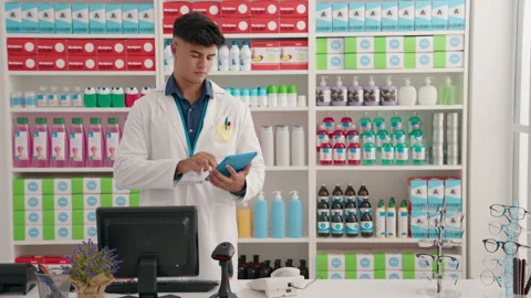 Young hispanic man pharmacist using touchpad working at pharmacy Video stock 220149286