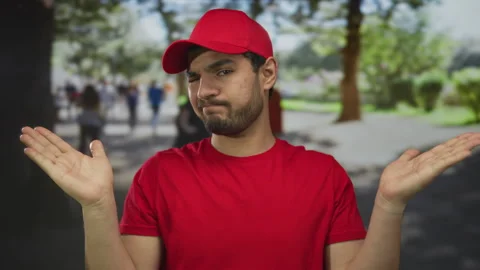 Young hispanic man in red cap and shirt raises both hands in shrug gesture .. Vidéo 313068107