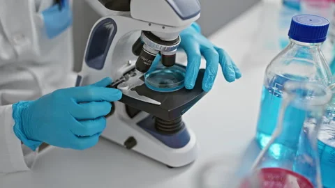 Young hispanic man scientist looking sample with microscope at laboratory Stock Footage 257096677