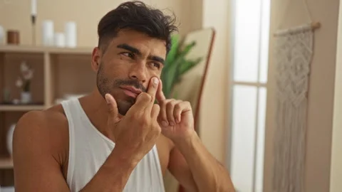 Young hispanic man squeezing a pimple on his face in a well-lit room at a b.. Stock Footage 285695702