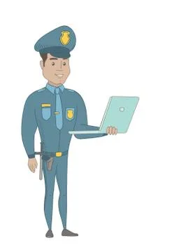 Young hispanic policeman using a laptop. Stock Illustration