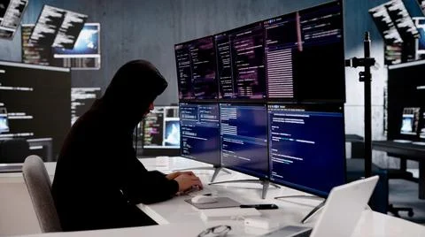 Young Hispanic Programmer Swiftly Typing On Laptop, Breaking Through Cybersec Stock-Fotos
