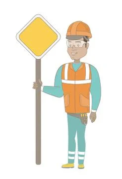 Young hispanic road worker showing road sign. Stock Illustration