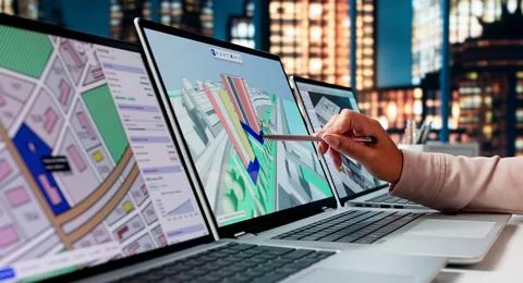 Young Hispanic Woman Engineer Using 3D BIM Software For Building Design. Stock Photos