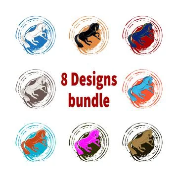 Young horses on colored spots backdrop 8 designs Stock Illustration