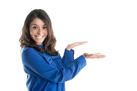 A young hostess shows an empty space. Stock Photos