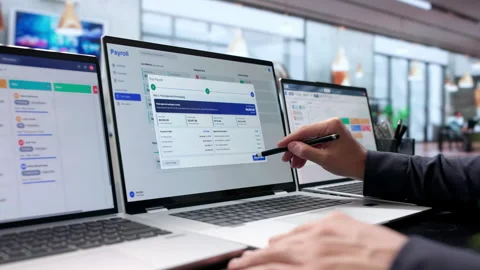 Young HR Manager Reviews Payroll Software On Laptop Stock Footage 342961610