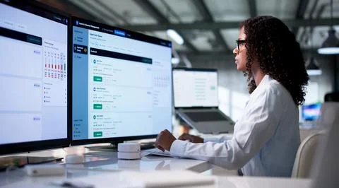 Young HR Manager Uses Computer Software To Review Employee Leave Requests. Фото
