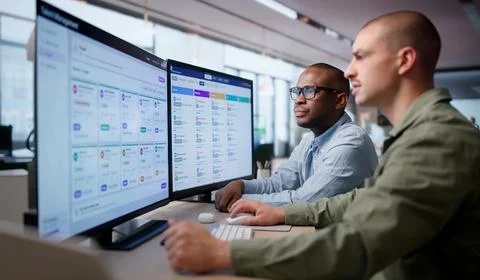 Young Human Resources Manager Analyzing Employee Performance Data On Computer Stock Photos