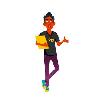 Young india guy with checklist talking with client in technics shop cartoon v Stock Illustration
