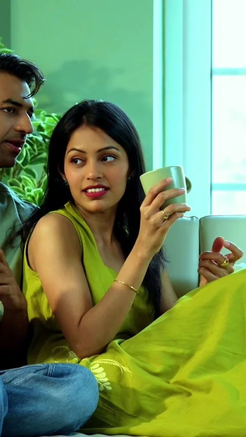 Young Indian couple sitting on sofa having a positive conversation over coffee Stock Footage 342689185