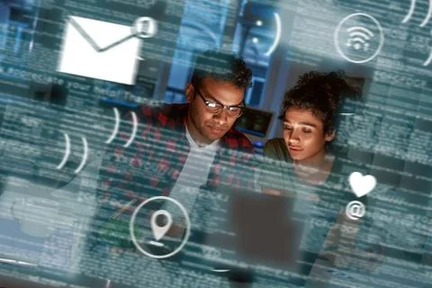 Young indian dating developers thinking how to track new events Stock Photos