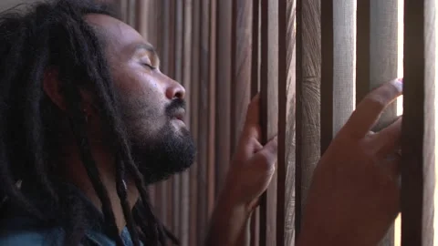 Young indian man with dreadlocks behind a fence, wistful look, prisoner Stock Footage 167761262
