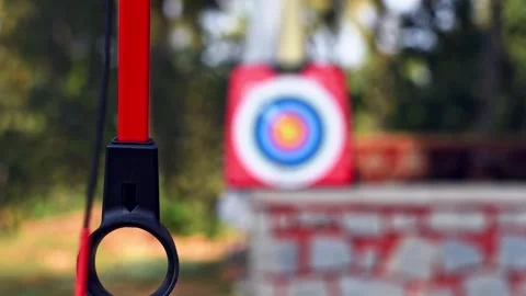 Young Indian man practicing archery in a park, focusing on his target in a .. Stock Footage 341346880