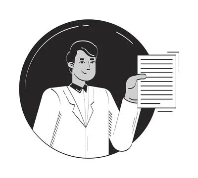 Young indian office worker presenting document doodle linear character Stock Illustration