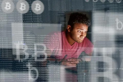 Young indian programmer thinking how to get more cryptocurrency 写真素材