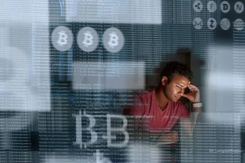 Young indian programmer thinking how to get more cryptocurrency Stock Photos