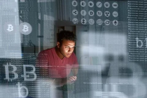 Young indian programmer thinking how to get more cryptocurrency Stock Photos