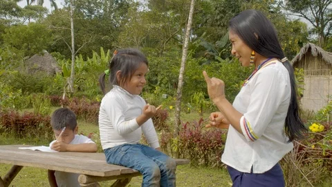 Young indigenous woman teaches basic math to a small girl while a boy behind 動画素材 113178857