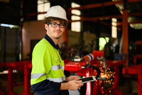 Young industrial engineer holding tablet checking and controlling machine Stock Photos