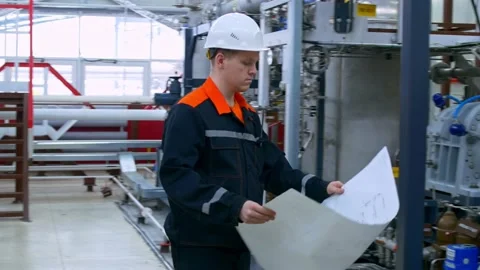 A young industrial engineer in overalls and a white helmet in a factory checks 스톡 동영상 212432111