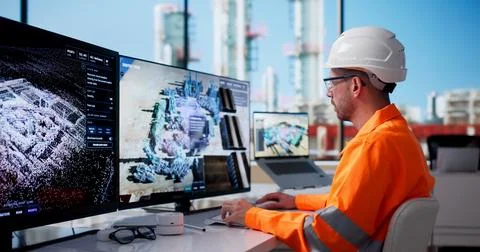 Young Industrial Engineer Studies Real-time Data On Digital Twin Screens. Stock Photos