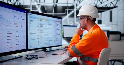 Young Industrial Engineer Uses Computer Software To Monitor Semiconductor Pro Stock Photos