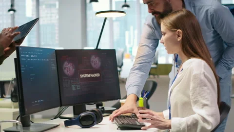 Young inexperienced developer hacked in office requests help from team Stock Footage 313165877