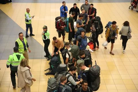Young Israelis queue to board a flight to Tel Aviv, Lima, Peru - 11 Oct 2023 Stock Photos