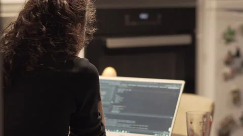 Young IT developer woman coding on her laptop, working remotely, working from Stock Footage 163824983