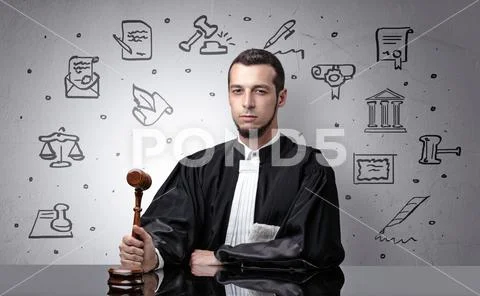 Young judge with court symbols around Stock Photos