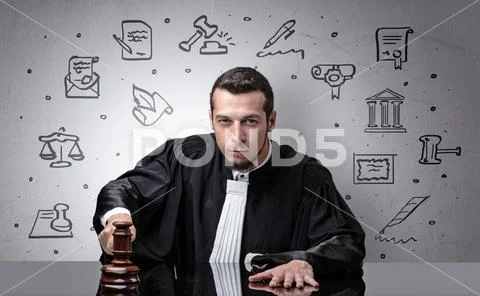 Young judge with court symbols around Stock Photos