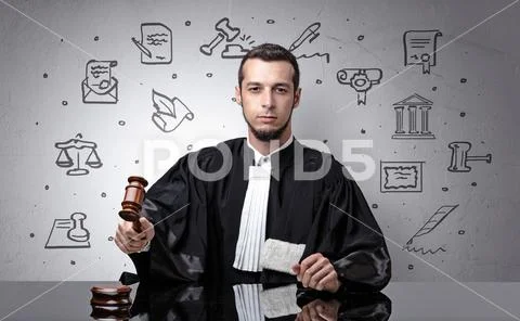 Young judge with court symbols around Stock Photos