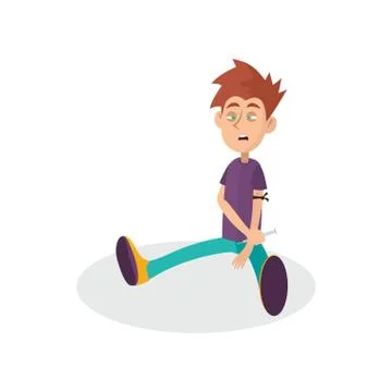 Young junkie using syringe with narcotic liquid. Heroin injecting. Drug abuse Stock Illustration