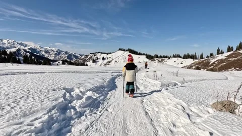 Young kid walking along snowy mountain trail in winter Stock Footage 331573797