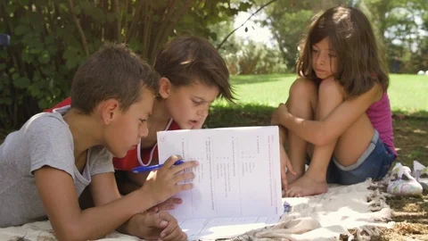 Young kids in summer camp doing homeworks outside outdoor in park under trees Vídeo Stock 85562201