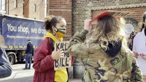 YOUNG 'KILL THE BILL' ACTIVISTS IN NORTH LONDON EASTER WEEKEND 2021 UK 4K Stock Footage 151542936