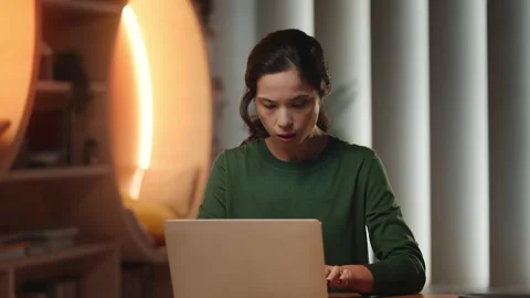 Young Korean female programmer has laptop problems and faces possible data loss Video stock 343663773