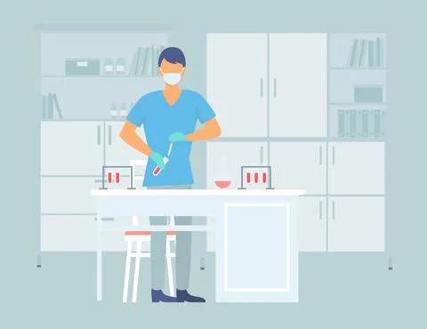 Young laboratory assistant working with a test tube and taking notes. Scientist Illustrazione stock