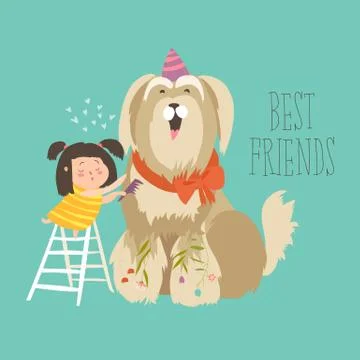 Young lady combing a dog Stock Illustration