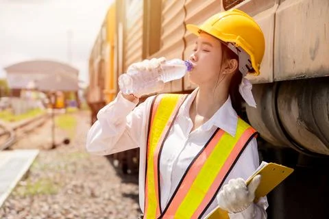 Young lady engineer worker drinking water refresh when working outdoor hot .. Stock Photos