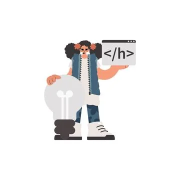 The young lady is holding a browser window with a programming image, and is Stock Illustration