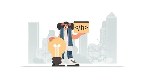 The young lady is holding a browser window with a programming image, and is.. Stockillustratie