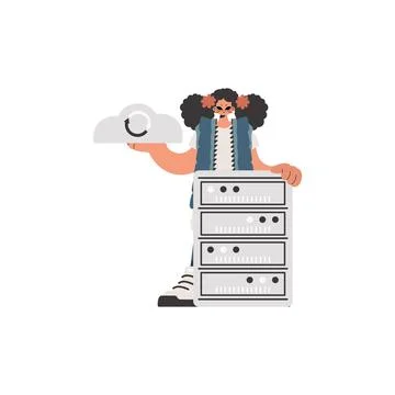 The young lady is holding a information cloud and a server Stock Illustration