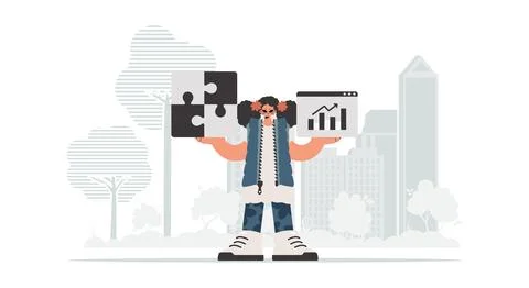 The young lady is holding a perplex and a positive development chart. Thoug.. Stock Illustration
