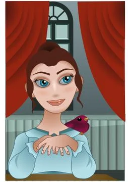 A young lady with a little bird in her shoulder in an ol fashion room. Vector Stock Illustration