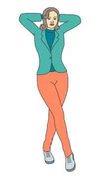 Young lady posture outline vector illustration art Illustrazione stock