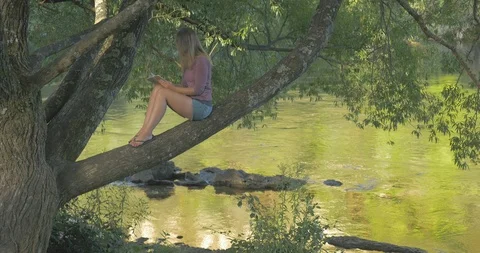 Young lady sits in tree reading book over view of lake 動画素材 98840431