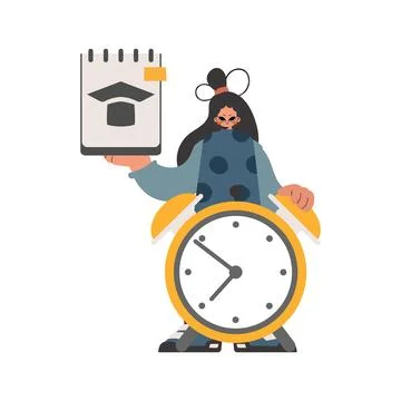 Young lady with theoretical and caution clock, separated on white foundation. Illustrazione stock