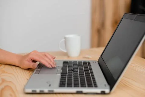 Young lady using a gray laptop computer and black keyboard with a hand on ... 写真素材